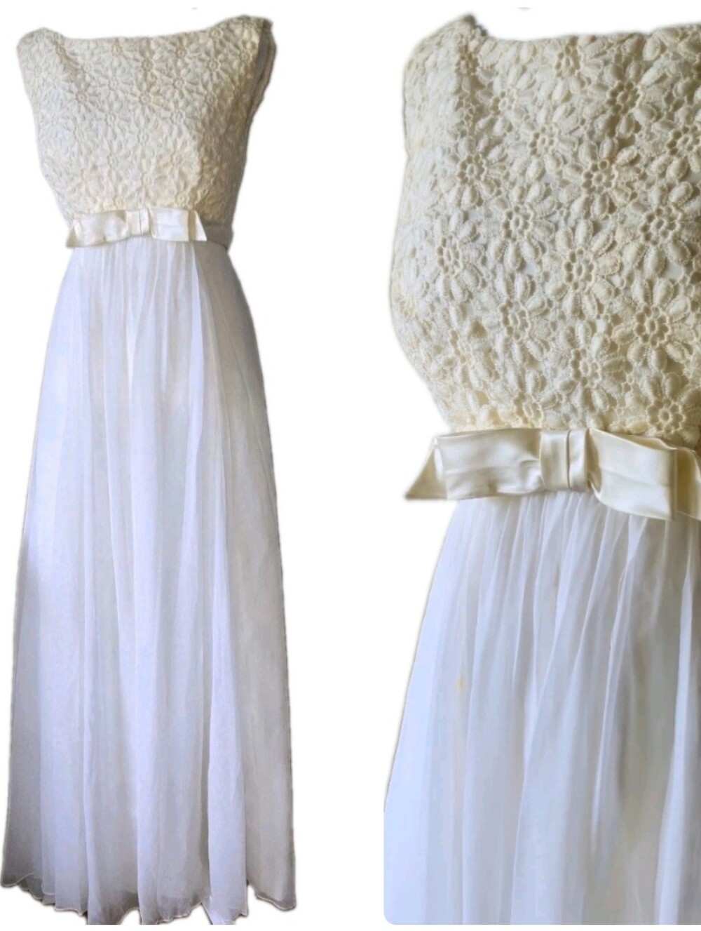Vtg 60s Embroidered Floral Maxi Dress With Bow Detail, Chiffon, Party, Bridal